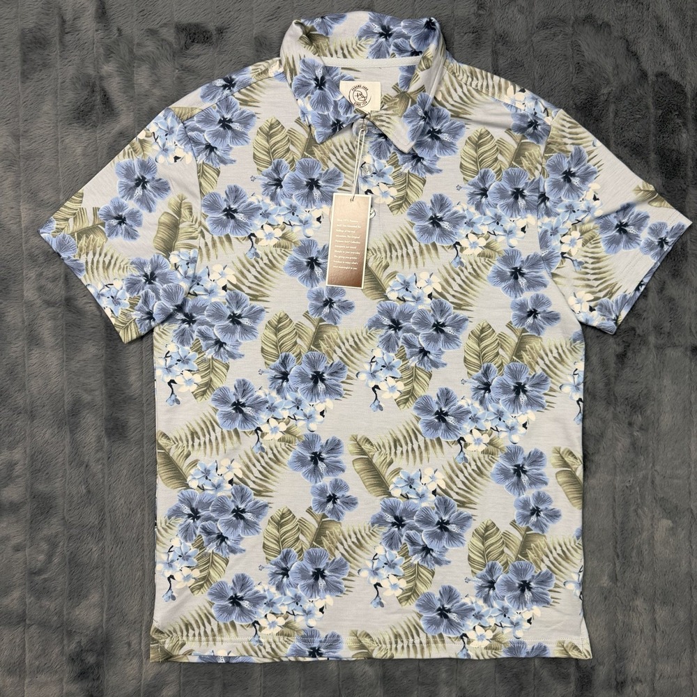 Panama Jack Polo Shirt Mens Medium Blue Floral Tropical Hawaiian Modal Blend NEW